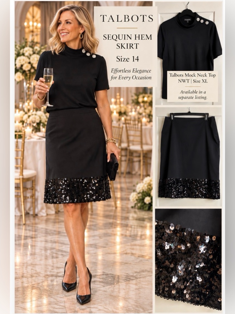 Talbots Black Sequin Hem Skirt | Size 14
